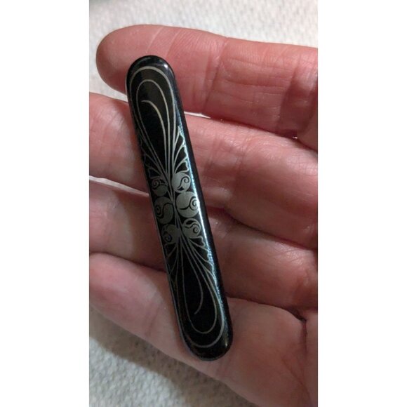 Vintage Black Etched Bar Pin Brooch Floral Design Long 3" Elegant Jewelry Accent - Picture 2 of 5